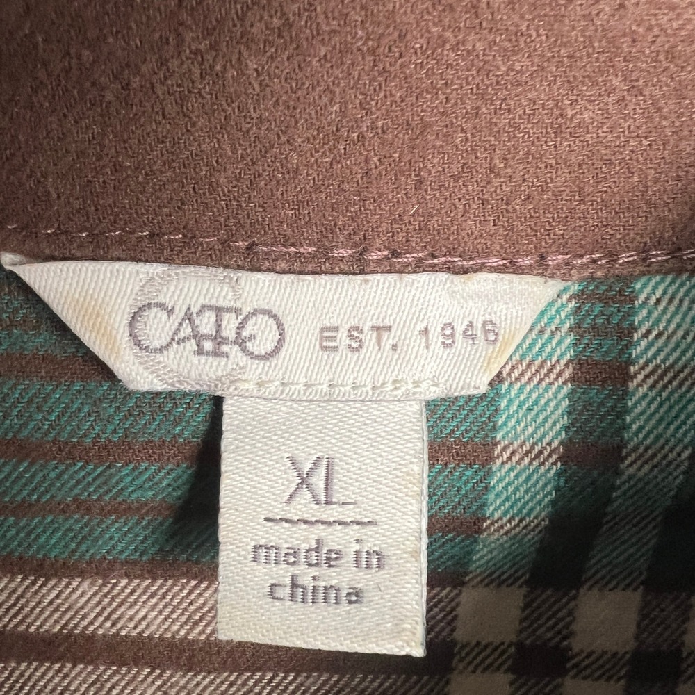 Cato Plaid‎ Western Fringe Shirt Jacket Shacket Heavyweight XL Brown Green Style - Picture 4 of 12